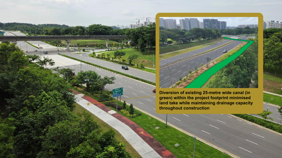 Aerial view of a highway by trees with an inset showing a green rerouted canal path along the road.